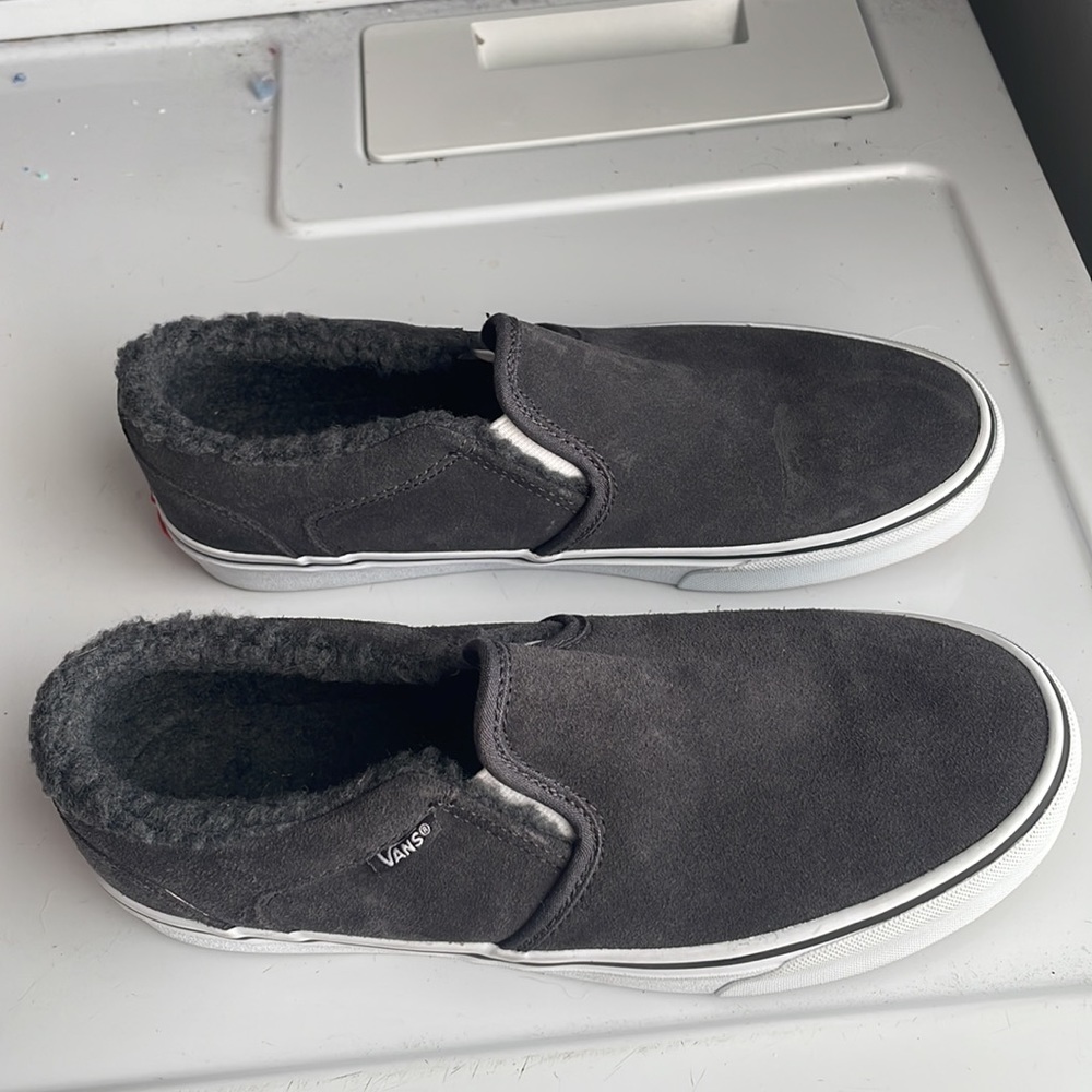 Vans Asher shoes slip on asphalt black suede Sherpa fur lined men size 7 1/2 7.5 - Picture 4 of 10